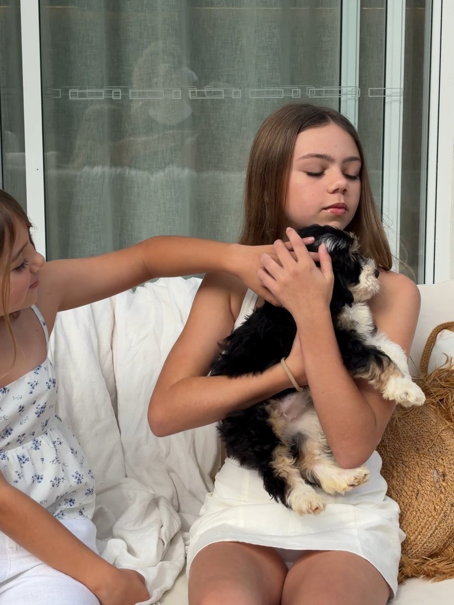 Two girls sitting together on a couch with a Bernedoodle puppy