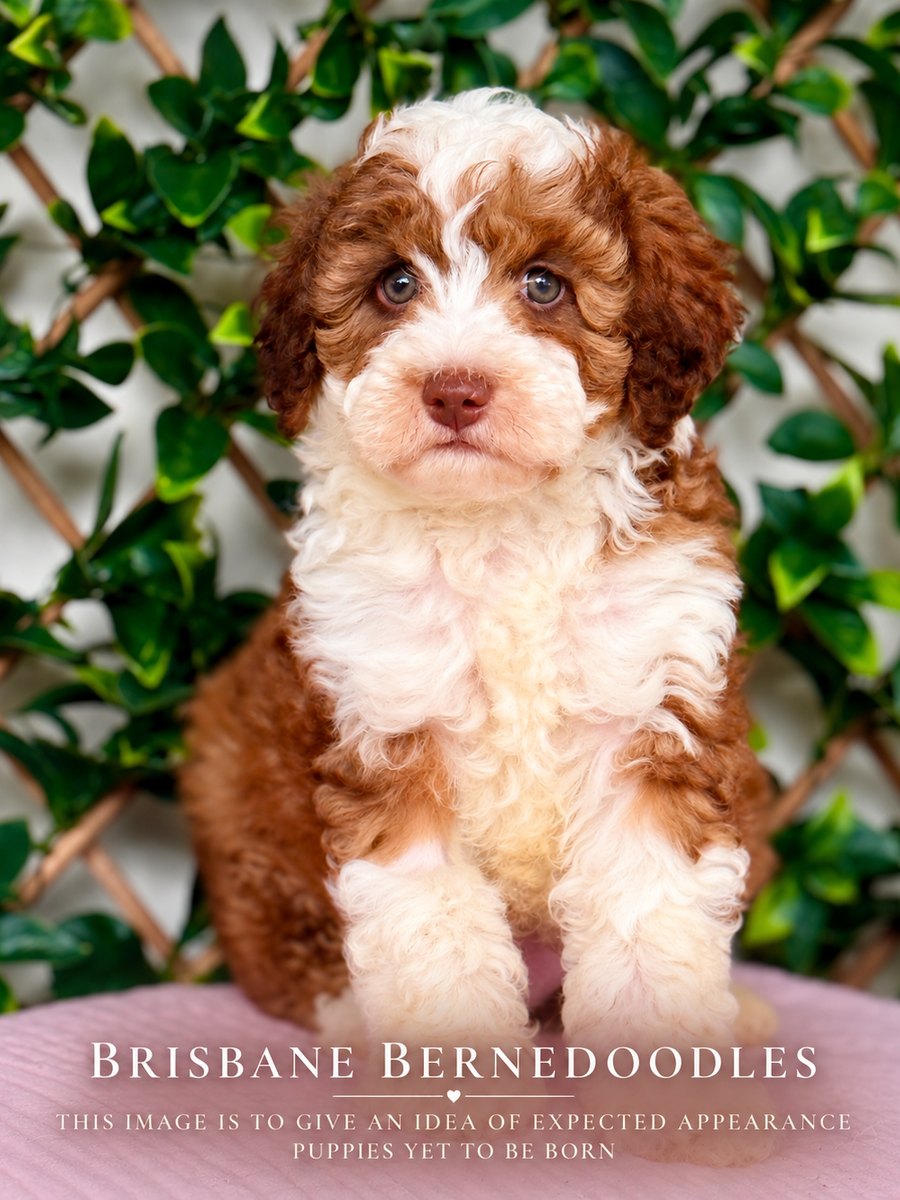 A red and white curly Bernedoodle puppy sitting in front of green foliage