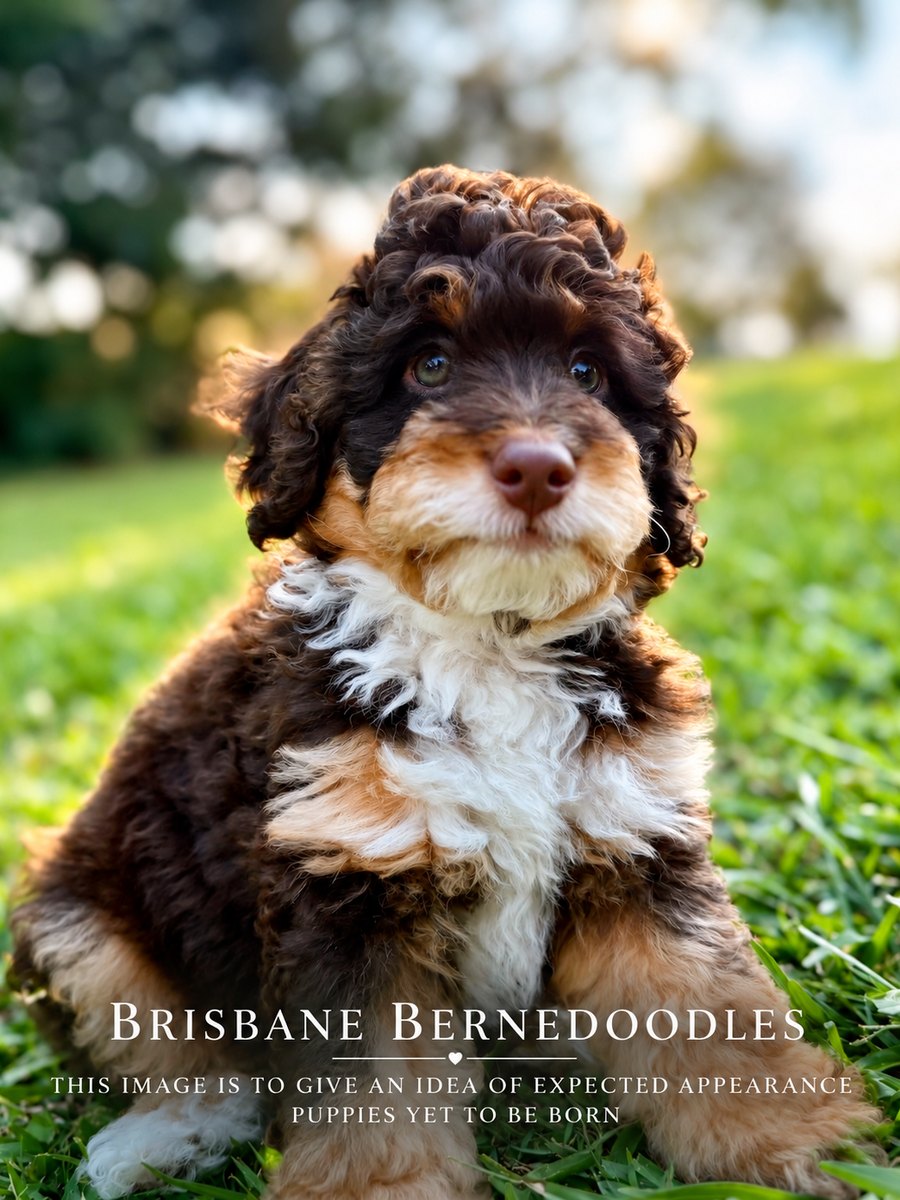 A chocolate and tan curly Bernedoodle puppy sitting on a sunlit lawn