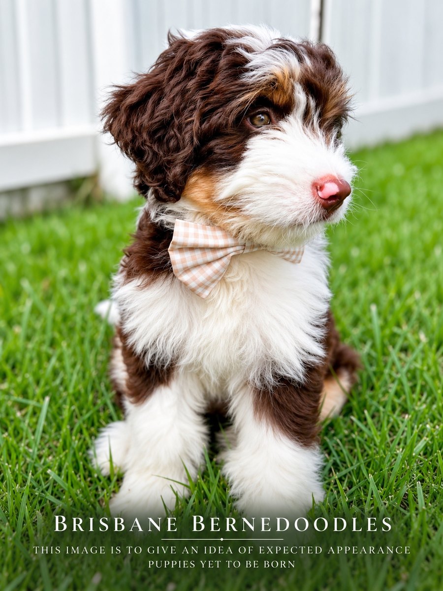 A chocolate and white Bernedoodle puppy wearing a gingham bow tie, sitting on grass
