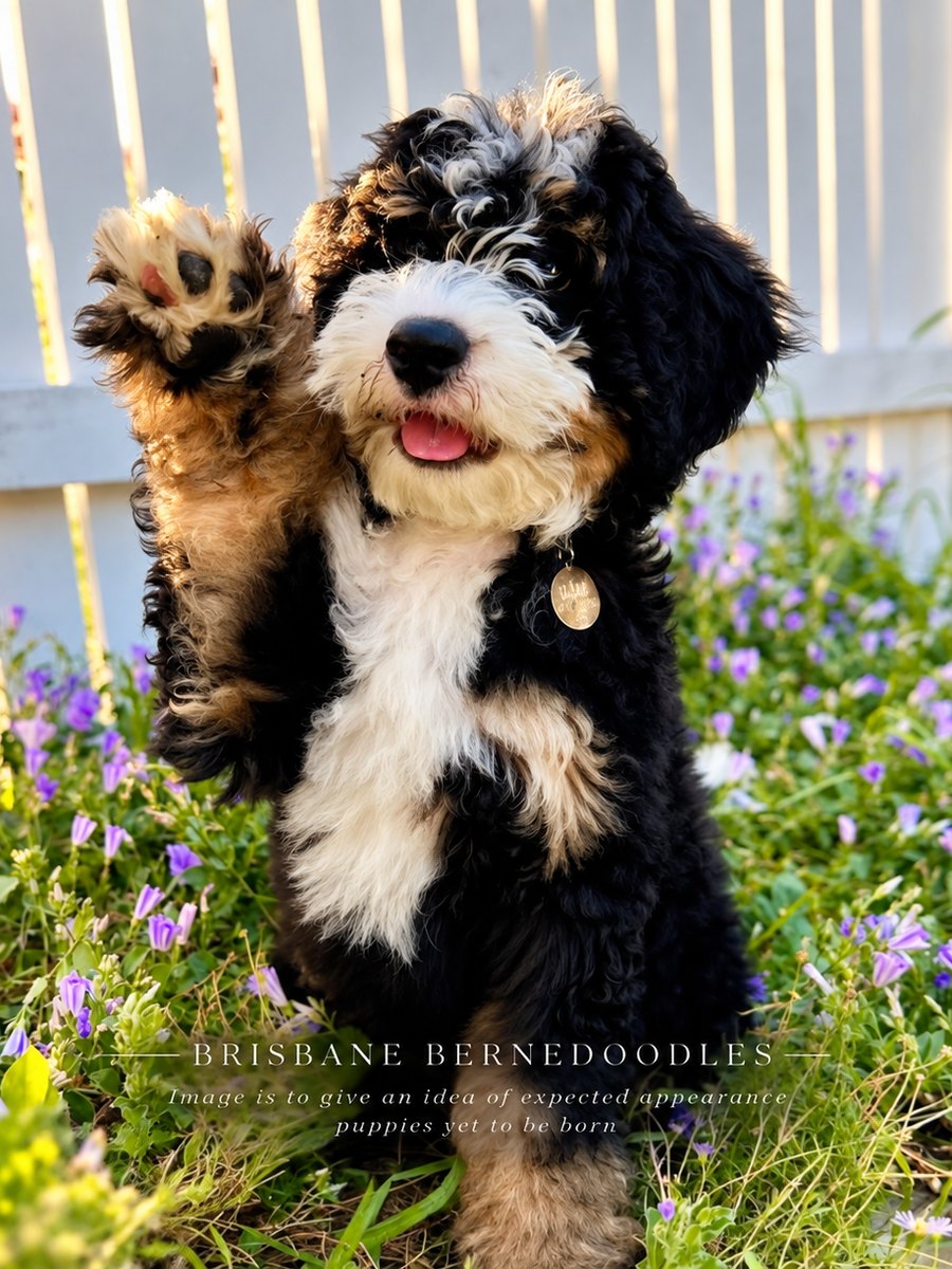 A black, white and tan Bernedoodle puppy raising one paw beside a white fence