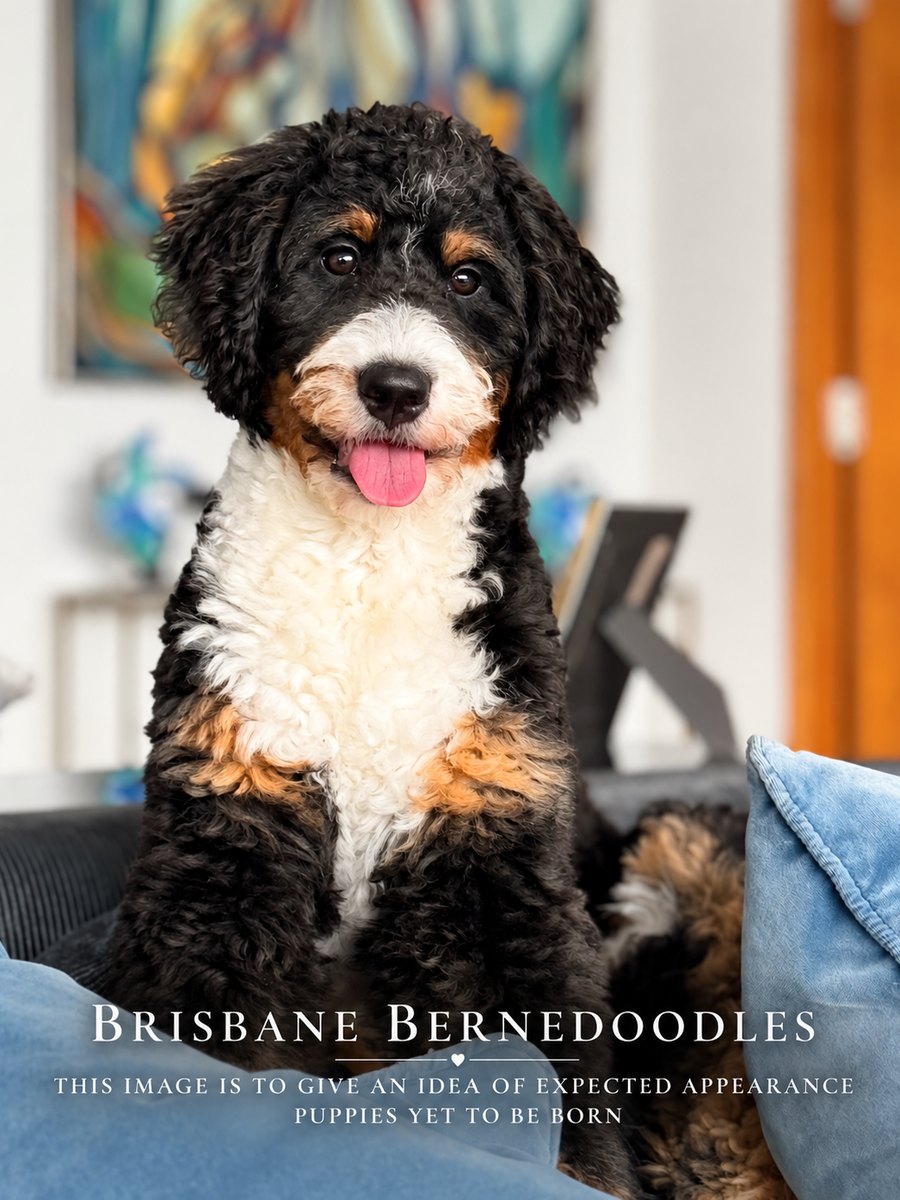 A black, white and tan Bernedoodle puppy sitting on a sofa with its tongue out